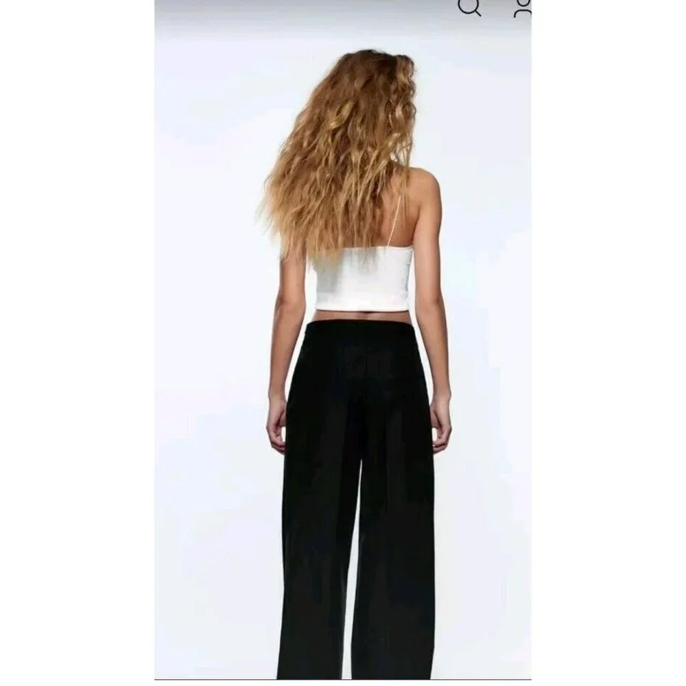 BNWT ZARA FULL LENGTH LINEN BLEND BLACK PANTS TROUSERS SIZE M 7385 490